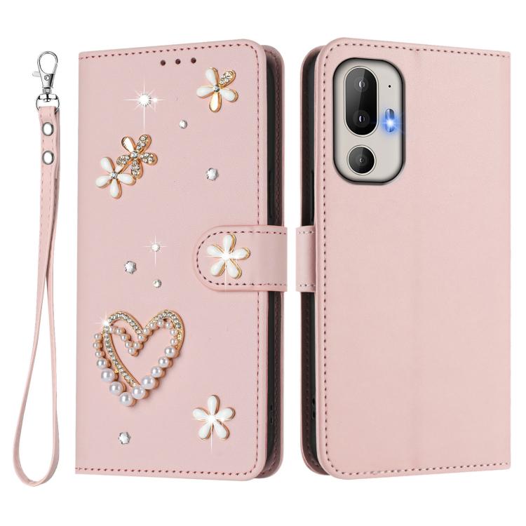 For HTC U24 Pro ZS01 Double-Layer Heart Floral Vegan Leather Phone Case with Wrist Strap