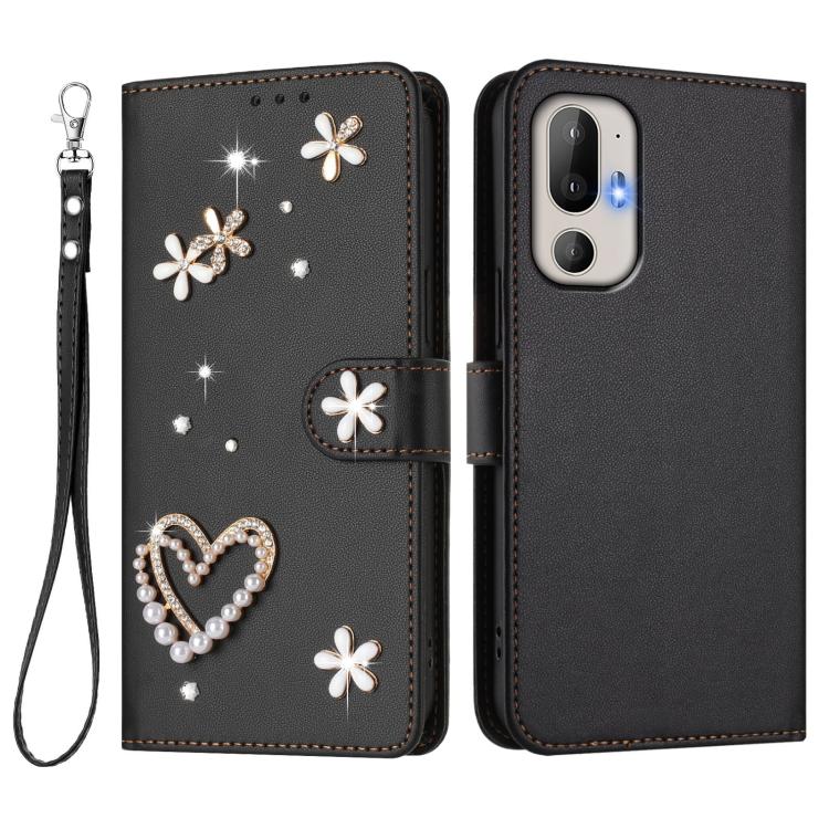 For HTC U24 Pro ZS01 Double-Layer Heart Floral Vegan Leather Phone Case with Wrist Strap