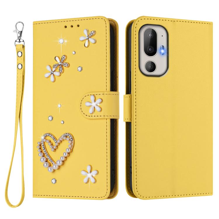 For HTC U24 Pro ZS01 Double-Layer Heart Floral Vegan Leather Phone Case with Wrist Strap