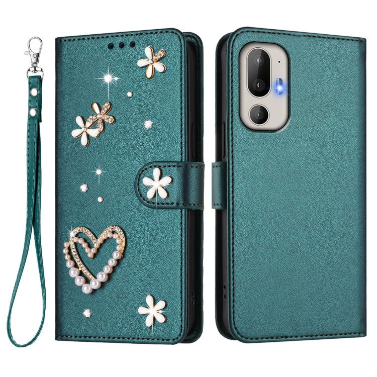 For HTC U24 Pro ZS01 Double-Layer Heart Floral Vegan Leather Phone Case with Wrist Strap