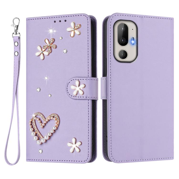 For HTC U24 Pro ZS01 Double-Layer Heart Floral Vegan Leather Phone Case with Wrist Strap