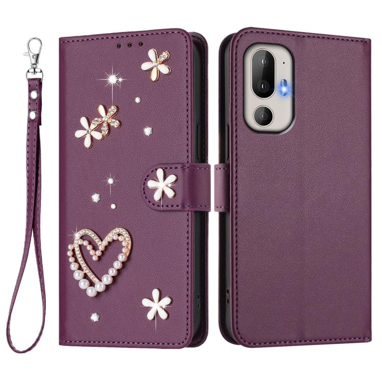 For HTC U24 Pro ZS01 Double-Layer Heart Floral Vegan Leather Phone Case with Wrist Strap