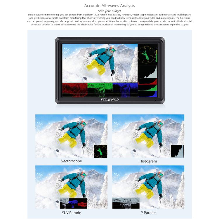 FEELWORLD S55E 5.5 Inch DSLR Camera Field Video Monitor FHD IPS Support 4K HDMI Input Output Tilt Arm Power Output - Black
