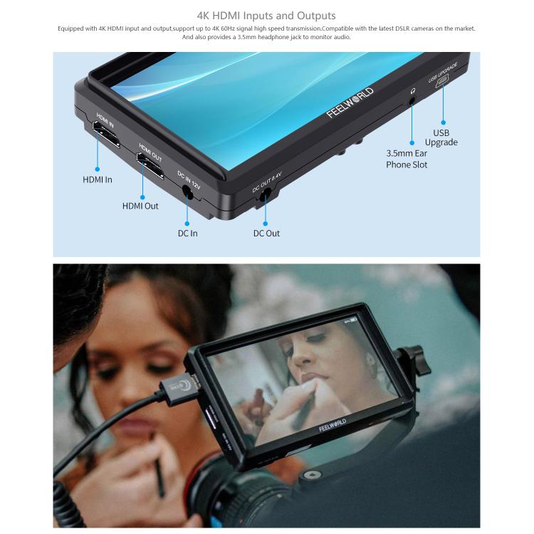 FEELWORLD S55E 5.5 Inch DSLR Camera Field Video Monitor FHD IPS Support 4K HDMI Input Output Tilt Arm Power Output - Black