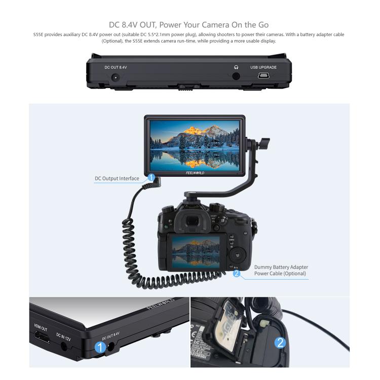 FEELWORLD S55E 5.5 Inch DSLR Camera Field Video Monitor FHD IPS Support 4K HDMI Input Output Tilt Arm Power Output - Black