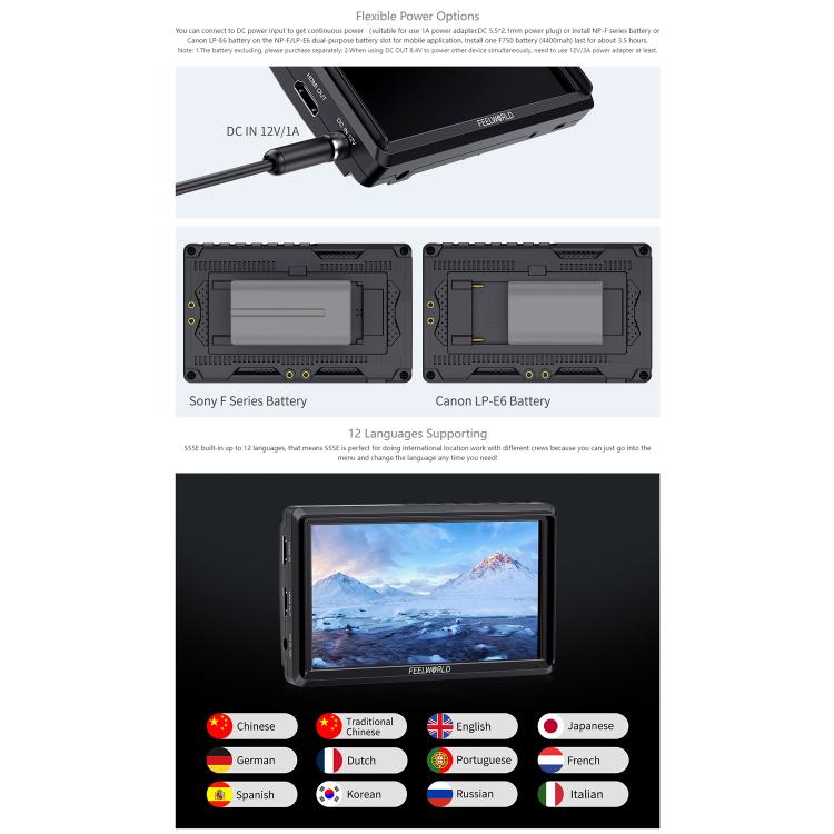 FEELWORLD S55E 5.5 Inch DSLR Camera Field Video Monitor FHD IPS Support 4K HDMI Input Output Tilt Arm Power Output - Black