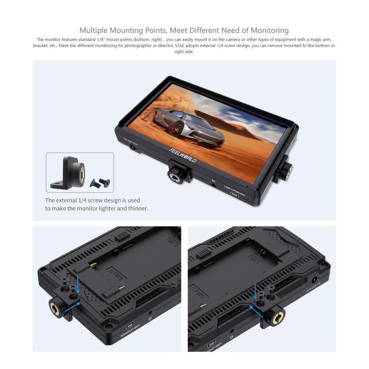 FEELWORLD S55E 5.5 Inch DSLR Camera Field Video Monitor FHD IPS Support 4K HDMI Input Output Tilt Arm Power Output - Black