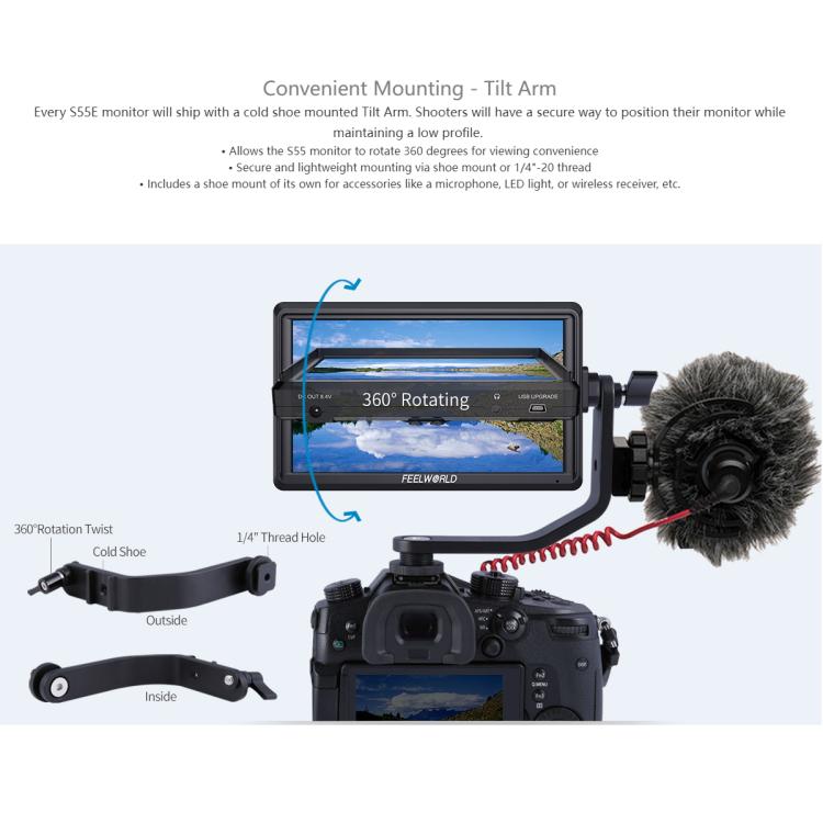 FEELWORLD S55E 5.5 Inch DSLR Camera Field Video Monitor FHD IPS Support 4K HDMI Input Output Tilt Arm Power Output - Black