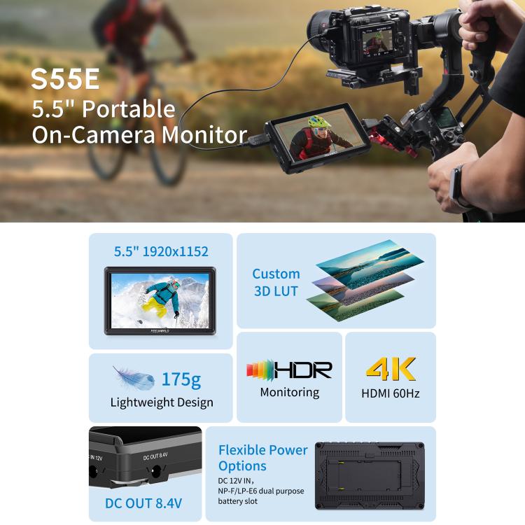 FEELWORLD S55E 5.5 Inch DSLR Camera Field Video Monitor FHD IPS Support 4K HDMI Input Output Tilt Arm Power Output - Black