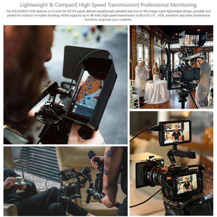 FEELWORLD S55E 5.5 Inch DSLR Camera Field Video Monitor FHD IPS Support 4K HDMI Input Output Tilt Arm Power Output - Black