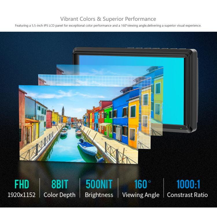 FEELWORLD S55E 5.5 Inch DSLR Camera Field Video Monitor FHD IPS Support 4K HDMI Input Output Tilt Arm Power Output - Black