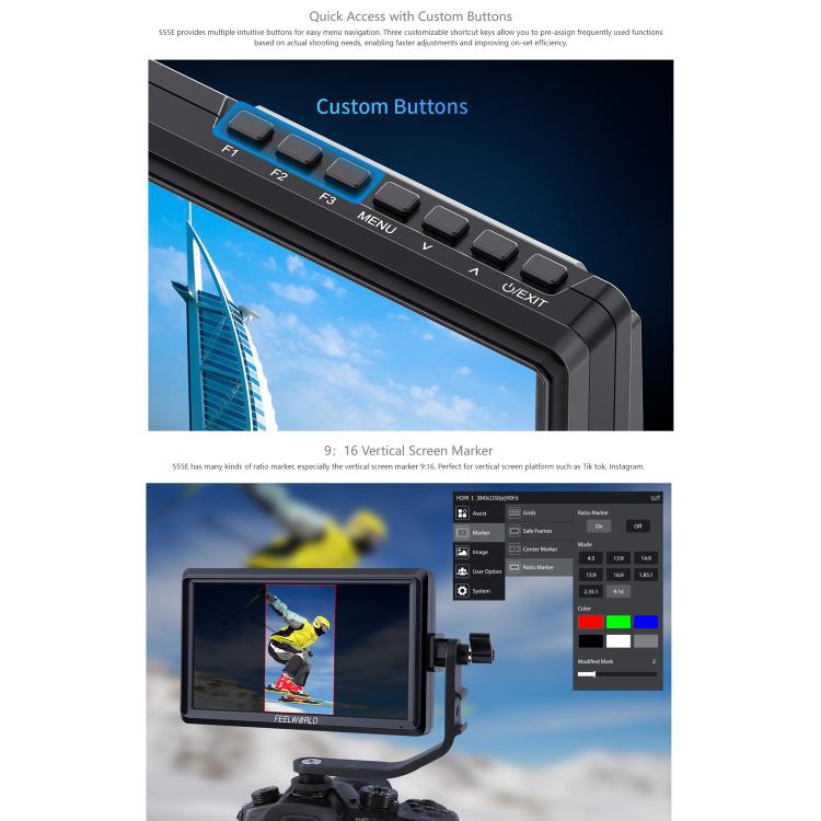 FEELWORLD S55E 5.5 Inch DSLR Camera Field Video Monitor FHD IPS Support 4K HDMI Input Output Tilt Arm Power Output - Black