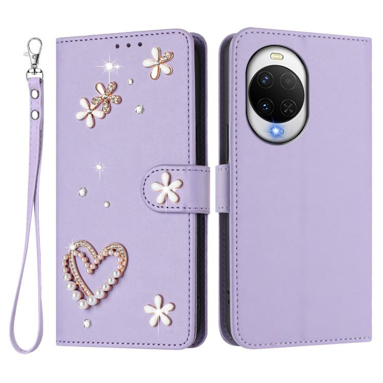 For Huawei nova 15 / nova 14 / 14 Lite ZS01 Double-Layer Heart Floral Vegan Leather Phone Case with Wrist Strap