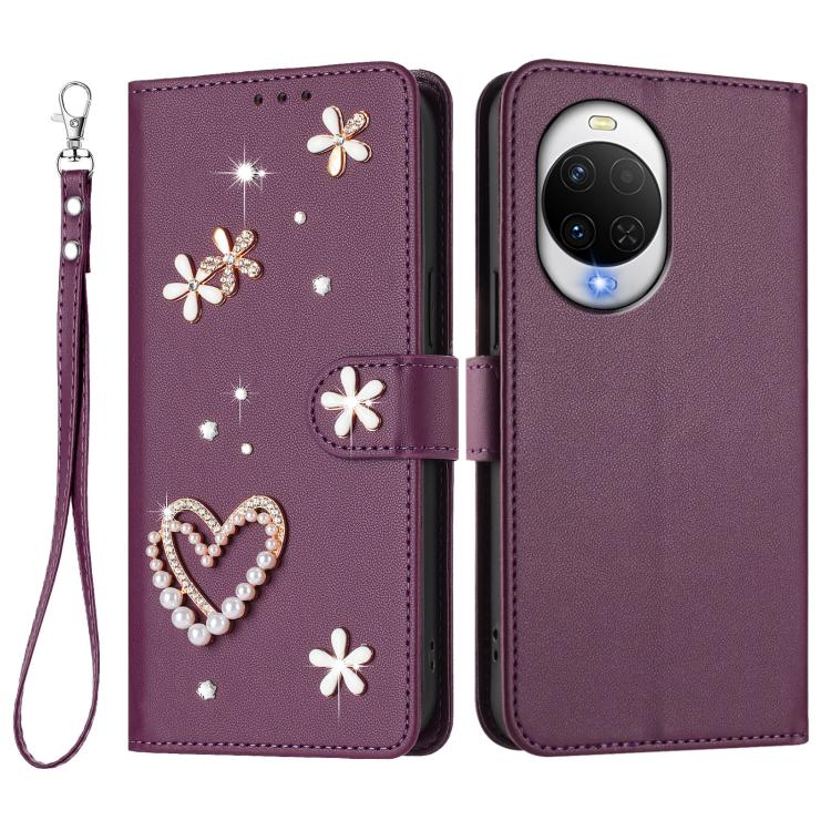 For Huawei nova 15 / nova 14 / 14 Lite ZS01 Double-Layer Heart Floral Vegan Leather Phone Case with Wrist Strap