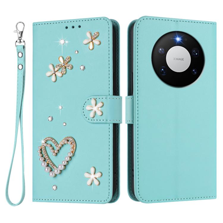 For Huawei Mate 80 Pro Max ZS01 Double-Layer Heart Floral Vegan Leather Phone Case with Wrist Strap