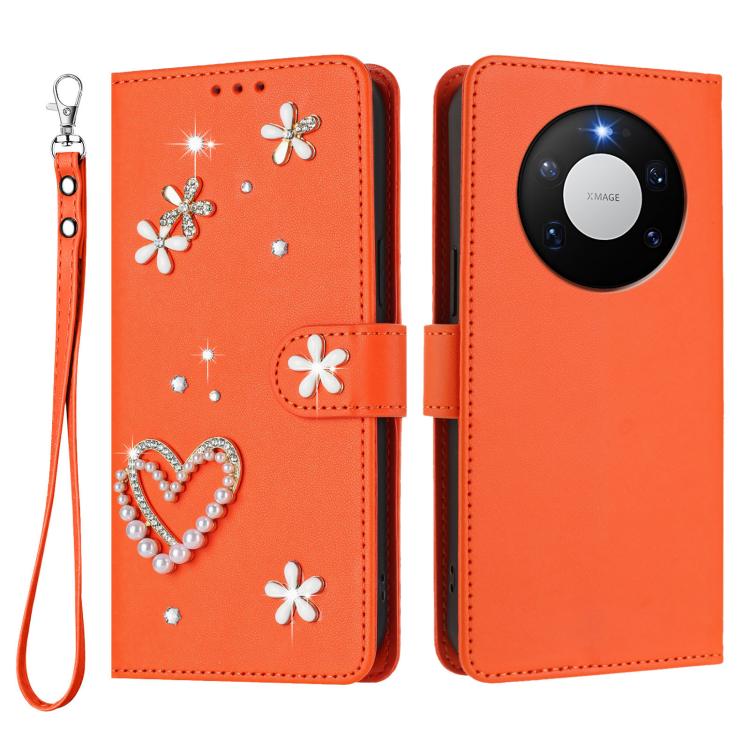 For Huawei Mate 80 Pro Max ZS01 Double-Layer Heart Floral Vegan Leather Phone Case with Wrist Strap