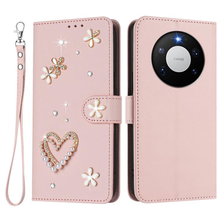 For Huawei Mate 80 Pro Max ZS01 Double-Layer Heart Floral Vegan Leather Phone Case with Wrist Strap