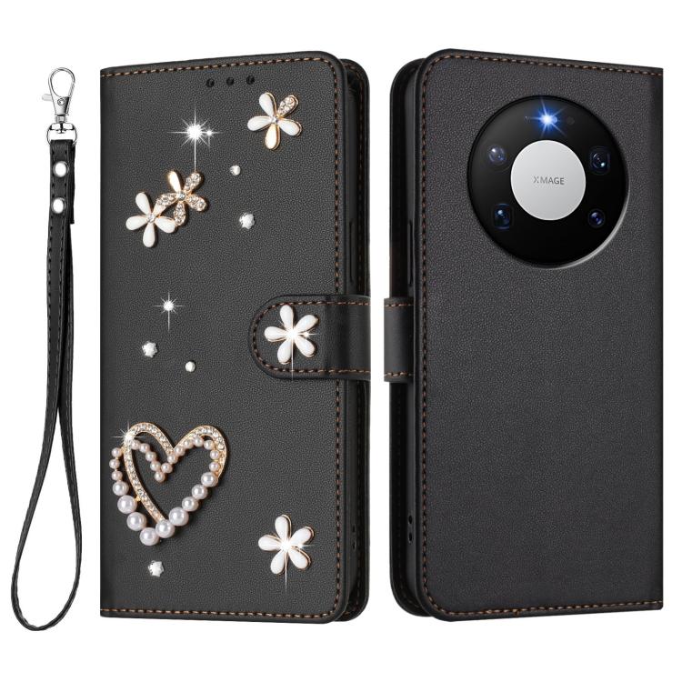 For Huawei Mate 80 Pro Max ZS01 Double-Layer Heart Floral Vegan Leather Phone Case with Wrist Strap