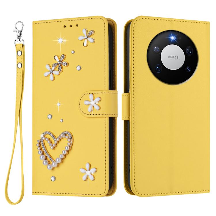 For Huawei Mate 80 Pro Max ZS01 Double-Layer Heart Floral Vegan Leather Phone Case with Wrist Strap