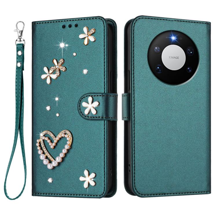 For Huawei Mate 80 Pro Max ZS01 Double-Layer Heart Floral Vegan Leather Phone Case with Wrist Strap