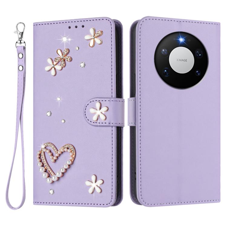 For Huawei Mate 80 Pro Max ZS01 Double-Layer Heart Floral Vegan Leather Phone Case with Wrist Strap