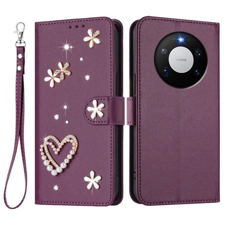 For Huawei Mate 80 Pro Max ZS01 Double-Layer Heart Floral Vegan Leather Phone Case with Wrist Strap
