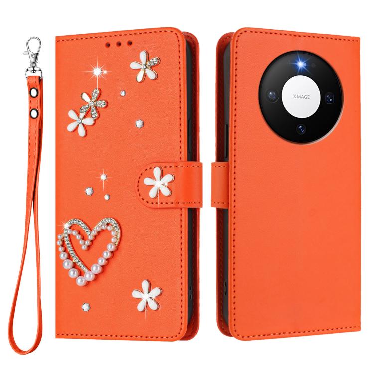 For Huawei Mate 80 / 80 Pro ZS01 Double-Layer Heart Floral Vegan Leather Phone Case with Wrist Strap