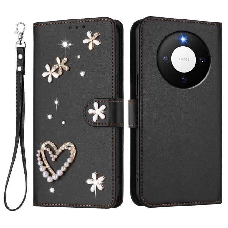 For Huawei Mate 80 / 80 Pro ZS01 Double-Layer Heart Floral Vegan Leather Phone Case with Wrist Strap