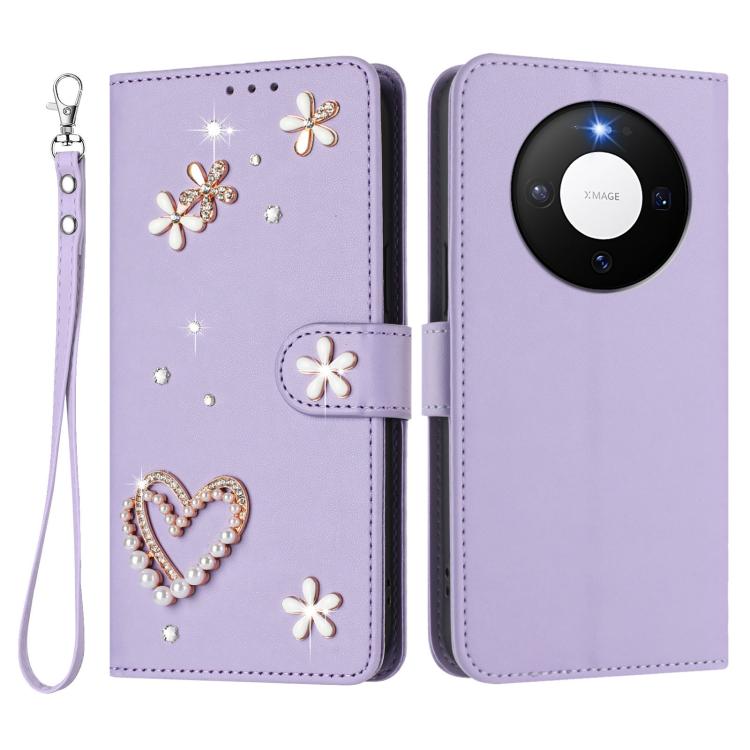 For Huawei Mate 80 / 80 Pro ZS01 Double-Layer Heart Floral Vegan Leather Phone Case with Wrist Strap