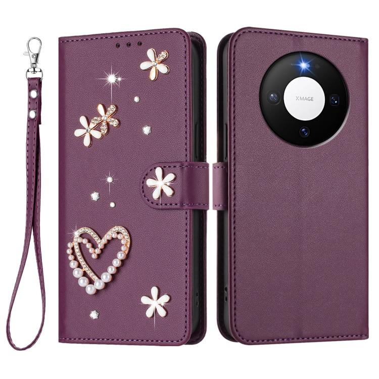 For Huawei Mate 80 / 80 Pro ZS01 Double-Layer Heart Floral Vegan Leather Phone Case with Wrist Strap