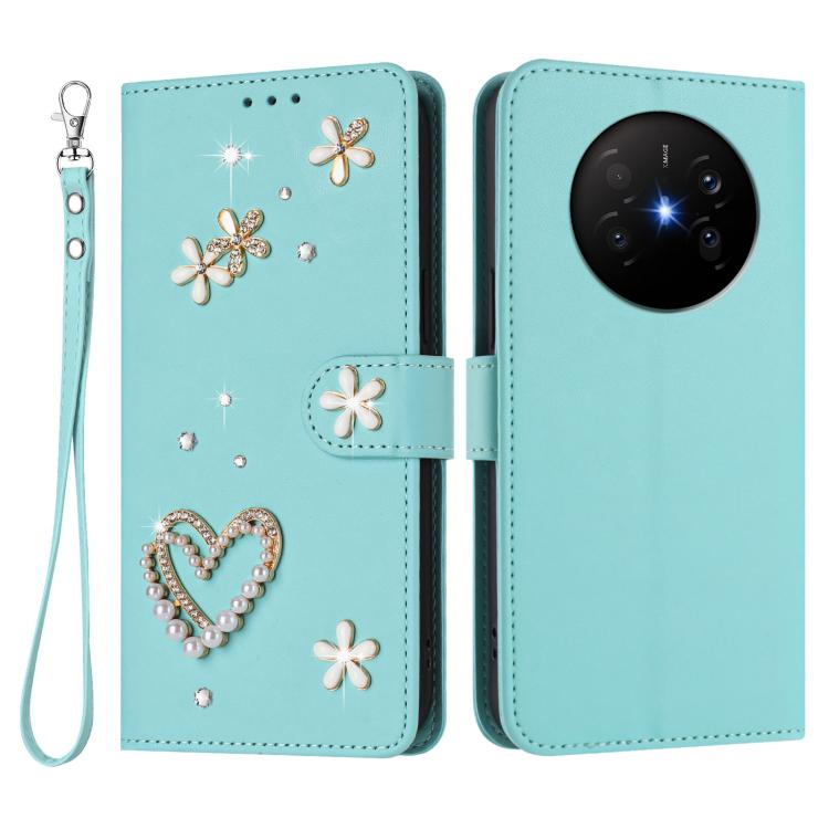 For Huawei Mate 70 Air ZS01 Double-Layer Heart Floral Vegan Leather Phone Case with Wrist Strap