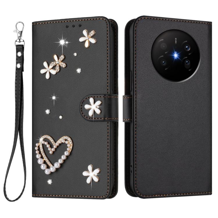 For Huawei Mate 70 Air ZS01 Double-Layer Heart Floral Vegan Leather Phone Case with Wrist Strap