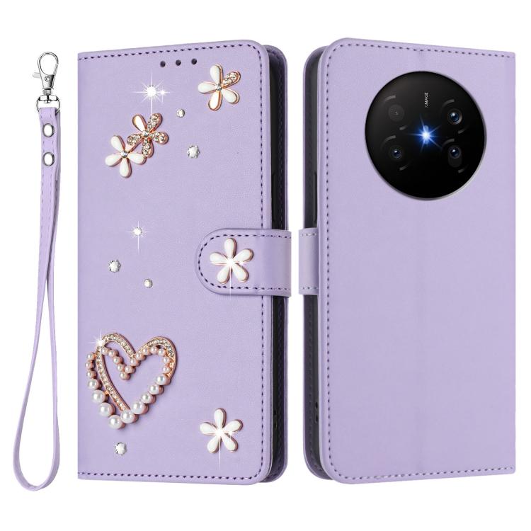 For Huawei Mate 70 Air ZS01 Double-Layer Heart Floral Vegan Leather Phone Case with Wrist Strap