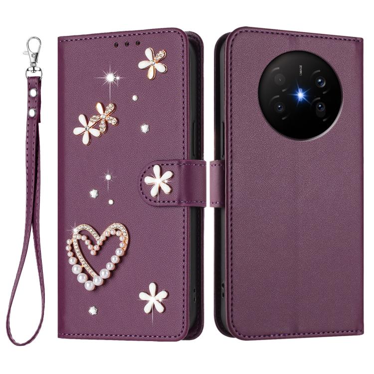 For Huawei Mate 70 Air ZS01 Double-Layer Heart Floral Vegan Leather Phone Case with Wrist Strap