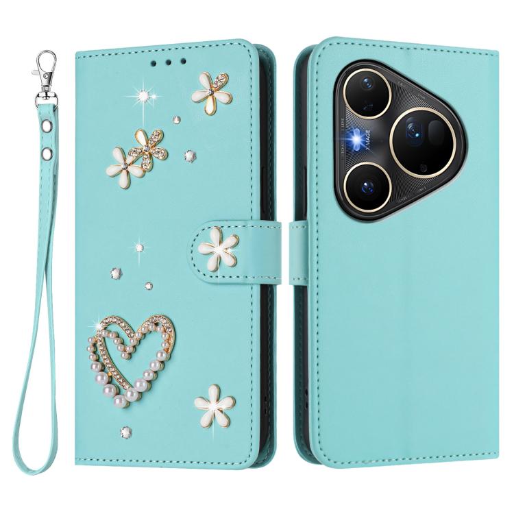 For Huawei Pura 80 Ultra ZS01 Double-Layer Heart Floral Vegan Leather Phone Case with Wrist Strap