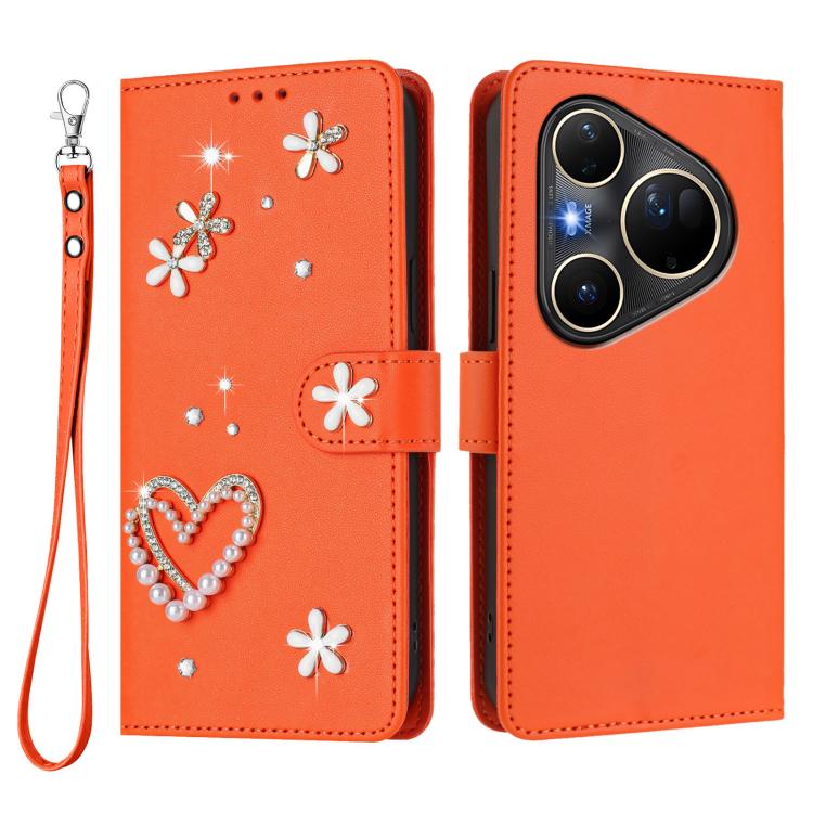 For Huawei Pura 80 Ultra ZS01 Double-Layer Heart Floral Vegan Leather Phone Case with Wrist Strap