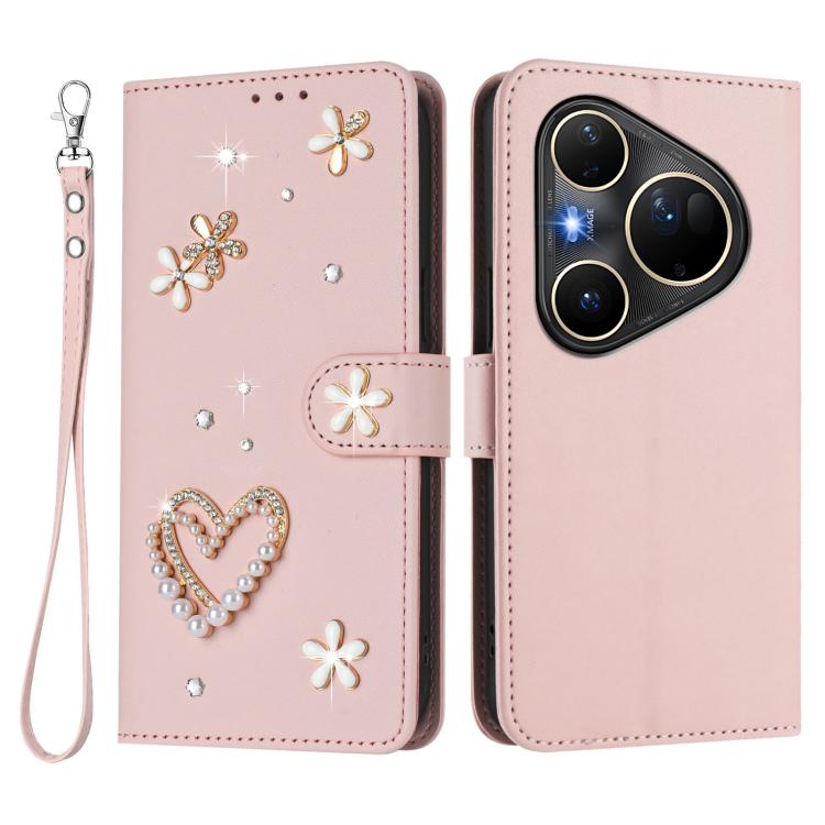 For Huawei Pura 80 Ultra ZS01 Double-Layer Heart Floral Vegan Leather Phone Case with Wrist Strap