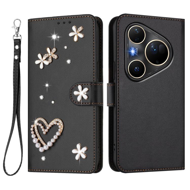 For Huawei Pura 80 Ultra ZS01 Double-Layer Heart Floral Vegan Leather Phone Case with Wrist Strap