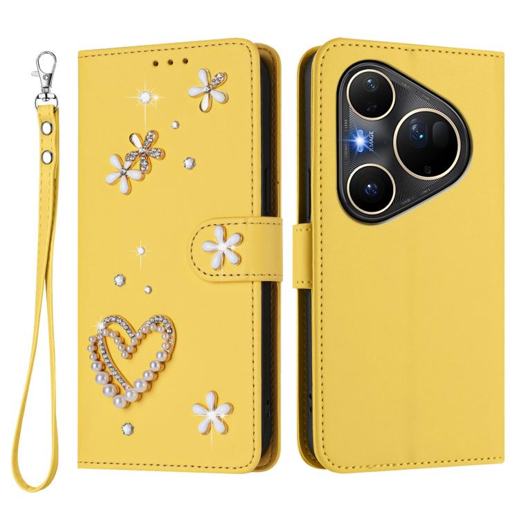 For Huawei Pura 80 Ultra ZS01 Double-Layer Heart Floral Vegan Leather Phone Case with Wrist Strap