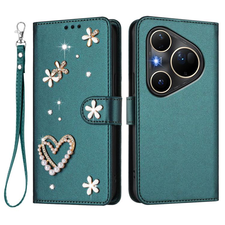 For Huawei Pura 80 Ultra ZS01 Double-Layer Heart Floral Vegan Leather Phone Case with Wrist Strap