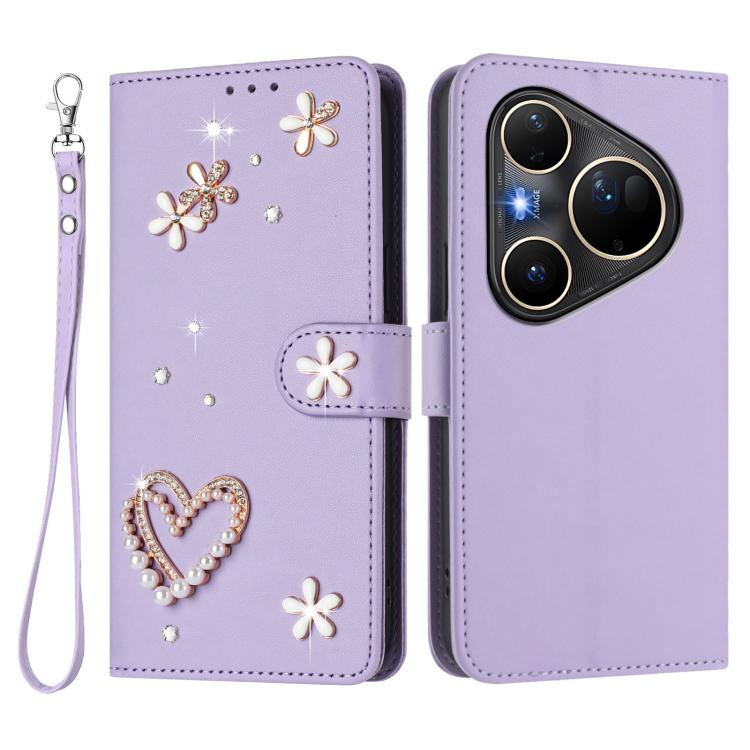 For Huawei Pura 80 Ultra ZS01 Double-Layer Heart Floral Vegan Leather Phone Case with Wrist Strap