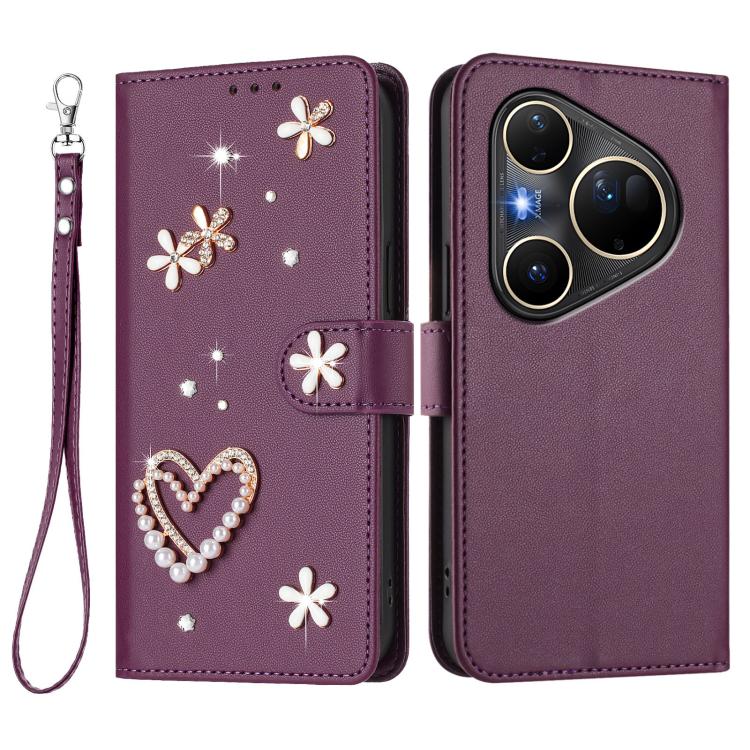 For Huawei Pura 80 Ultra ZS01 Double-Layer Heart Floral Vegan Leather Phone Case with Wrist Strap