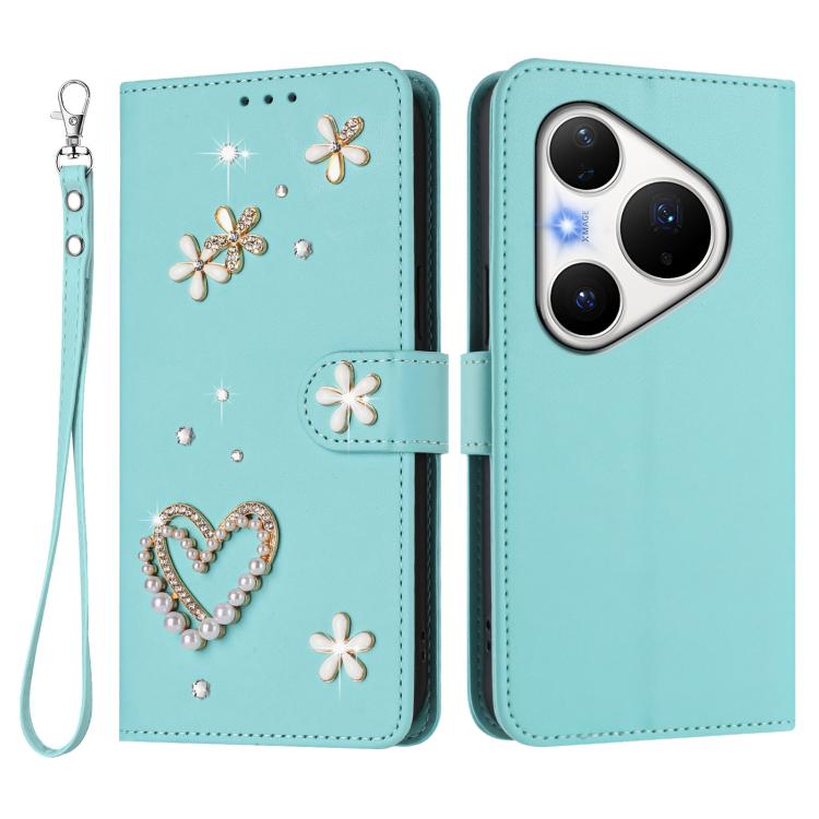 For Huawei Pura 80 Pro / 80 Pro+ ZS01 Double-Layer Heart Floral Vegan Leather Phone Case with Wrist Strap