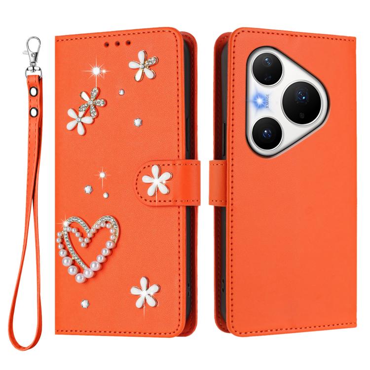 For Huawei Pura 80 Pro / 80 Pro+ ZS01 Double-Layer Heart Floral Vegan Leather Phone Case with Wrist Strap