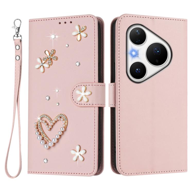 For Huawei Pura 80 Pro / 80 Pro+ ZS01 Double-Layer Heart Floral Vegan Leather Phone Case with Wrist Strap