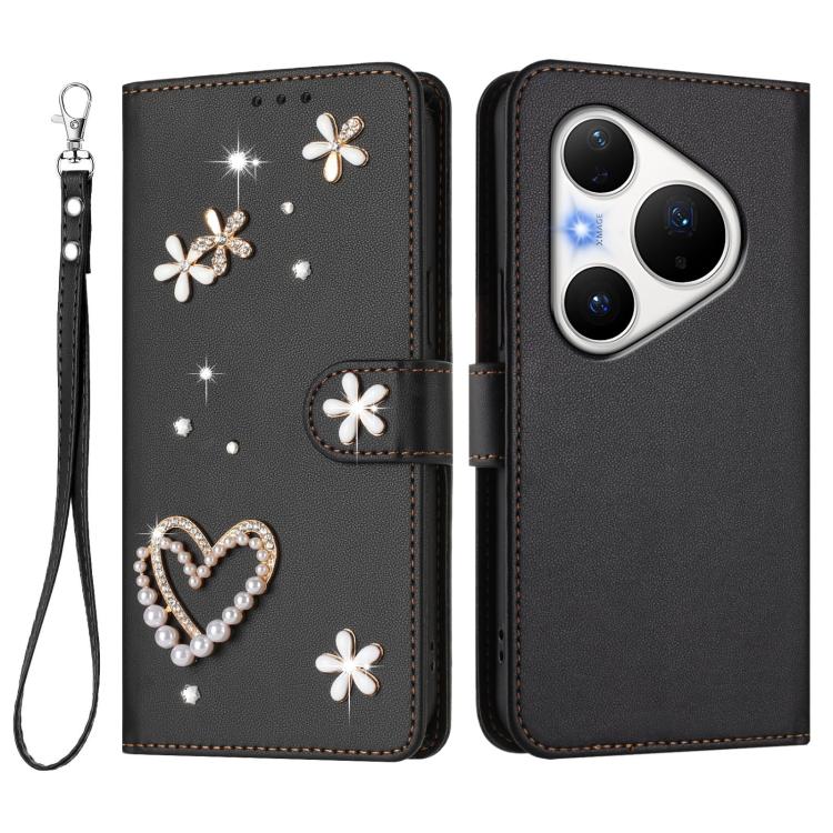 For Huawei Pura 80 Pro / 80 Pro+ ZS01 Double-Layer Heart Floral Vegan Leather Phone Case with Wrist Strap