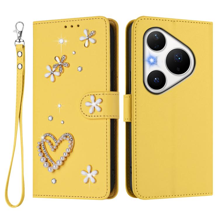 For Huawei Pura 80 Pro / 80 Pro+ ZS01 Double-Layer Heart Floral Vegan Leather Phone Case with Wrist Strap