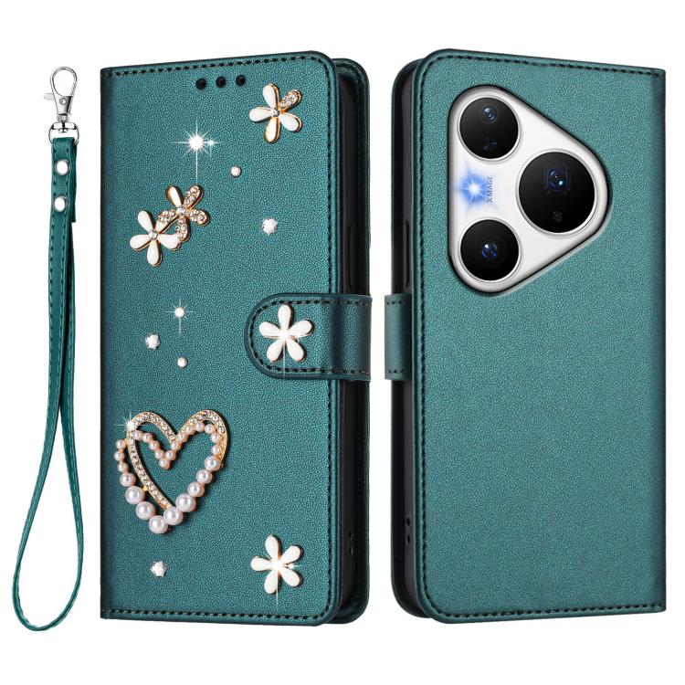 For Huawei Pura 80 Pro / 80 Pro+ ZS01 Double-Layer Heart Floral Vegan Leather Phone Case with Wrist Strap
