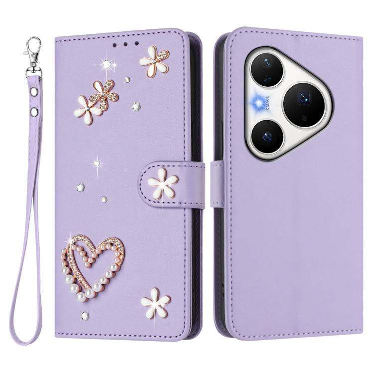 For Huawei Pura 80 Pro / 80 Pro+ ZS01 Double-Layer Heart Floral Vegan Leather Phone Case with Wrist Strap