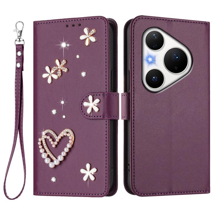 For Huawei Pura 80 Pro / 80 Pro+ ZS01 Double-Layer Heart Floral Vegan Leather Phone Case with Wrist Strap